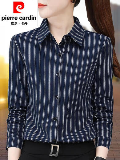 Pier Cardin cotton shirt for women cotton striped shirt for women long sleeves 2025 spring new fashion style for work ZXP1392 blue cotton M suggested 95105Jin [Jin equals 0.5 kg]