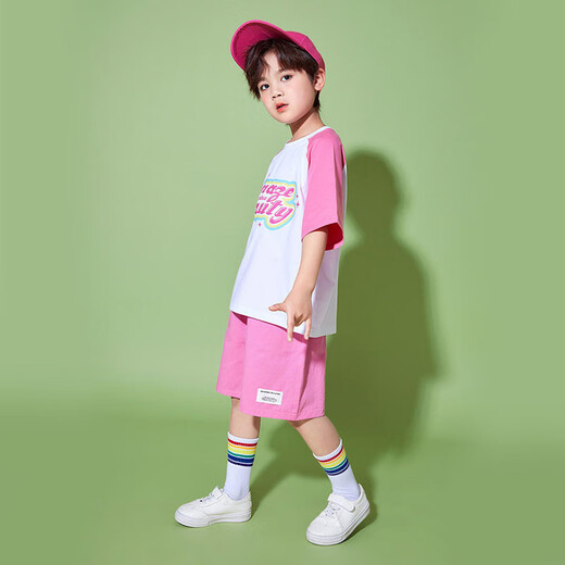 YAWULFE幼儿园啦啦队六一儿童节演出服可爱风粉色短袖拉拉操舞蹈表演服装 605粉白拼色短袖+701粉色短裤 120cm