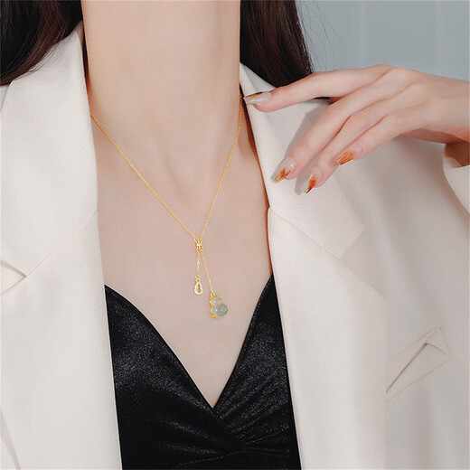 Shengli Retro Chinese Style Ice Blue Double Gourd Necklace for Women 18k Gold Lucky Bing Qingyu New Chinese Style Light Luxurious Clavicle Chain Ice Blue Double Gourd Necklace