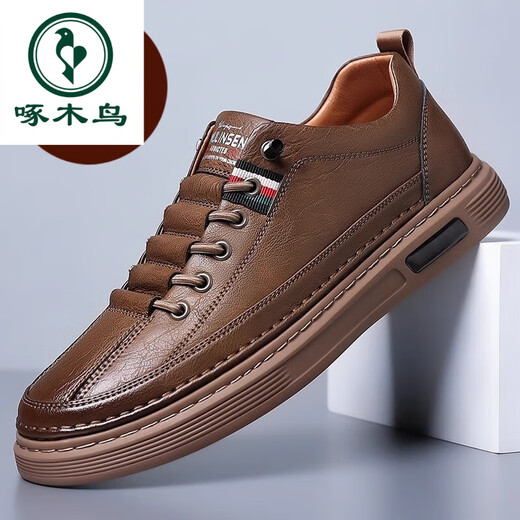 Woodpecker Brand Broken Code Leakage Genuine Leather Men's Shoes 2025 New Trendy Business Casual Shoes Soft Sole Versatile Sneakers Men's Leather Shoes E44--F19-Brown 42