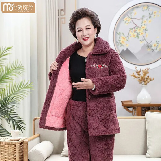 莫代尔中年妈妈加厚珊瑚绒中老年冬季宽松大码夹棉睡衣女保暖家居服套装 687 酒红色 水晶绒 中长款连帽 3XL 160-190斤 三层加厚