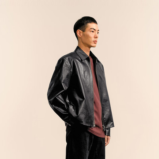 Sketch men's 2025 spring new arrival short eco-friendly imitation leather jacket leather coat long-sleeved avant-garde lapel 9P1A14910 001 black S