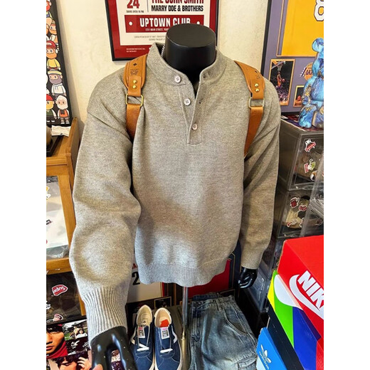 Cantu American retro Henry collar sweater men's spring and autumn loose casual sweater cleanfit high street handsome top light gray XL