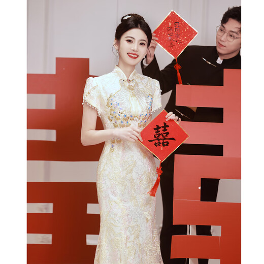康美诗轻小众订婚婚纱礼服旗袍服中式2024敬酒新娘结婚鱼尾亮片裙轻奢回 酒红色 短袖 中长款 S