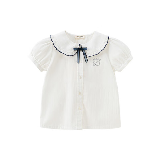 DAVE&BELLA girls' shirts short-sleeved children's tops college style big children's clothes summer new cotton girls' shirt white ready in stock 140 cm (recommended height 130-140cm)
