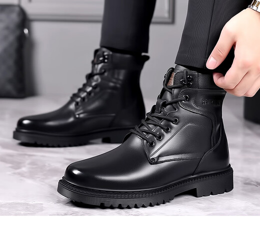 Western Region Camel Martin Boots Men's Genuine Leather Military Cruiser Wool Cotton Boots Winter Warm Plus Fleece Men's Shoes Cowhide Casual Snow Boots 3518 Black [Fur Integrated Flat Sole] 39