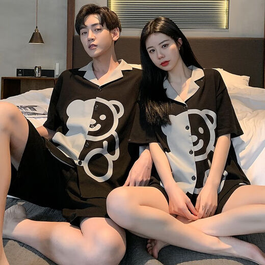 Clolv kissCK couple light luxury pajamas summer ice silk short-sleeved thin cute simulated silk men and women summer home wear set H05 couple one man and one woman female L + male XL