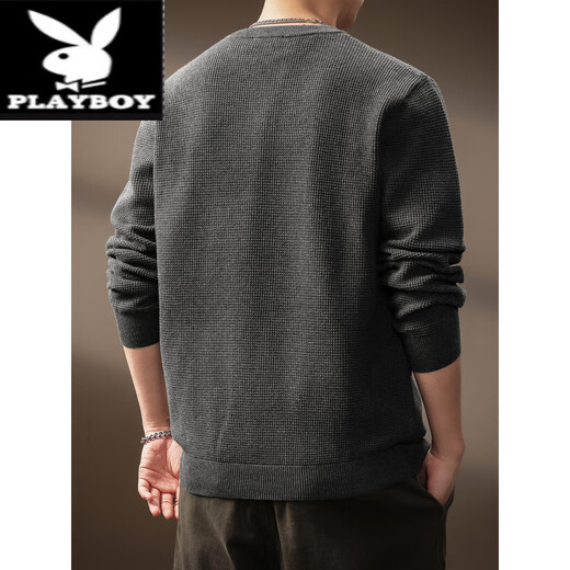 Playboy (PLAYBOY) American Henley Collar Old Money Style Tough Guy Sweater Men's Autumn Long Sleeve Loose Inner Casual Sweater Men's Flower Dark Gray M Suitable for -120Jin Jin is equal to 0.5 kg