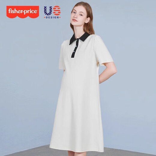 费雪（Fisher-Price）美国费雪新款孕妇夏装纯棉POLO领连衣裙中长款宽松上衣翻领孕妇装 米白色连衣裙+肤色安全裤 L【120-140斤适穿】