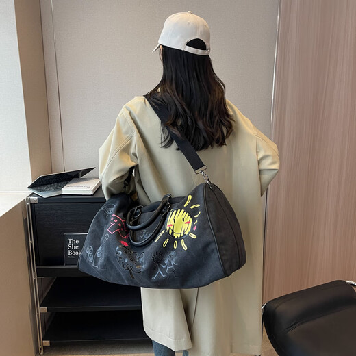 金日满容量短途旅行袋 2024新款潮男女耐磨健身手提包印花单肩斜跨包 太阳花旅行包【黑色】