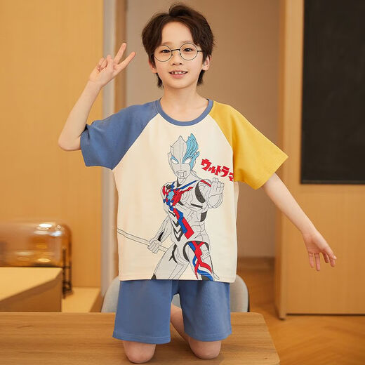 紫玥薇奥特曼夏季儿童睡衣卡通纯棉短袖小男孩中大童夏天薄款家居服套装 683-主图款【舒适透气全棉】 S码【体重70-90斤】