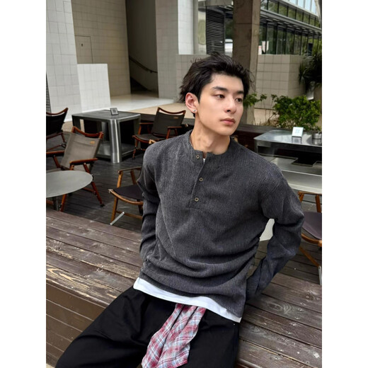 Mangmang black Henry collar sweater for men, autumn old money style long-sleeved T-shirt, cleanfit lazy top, light gray 3XL
