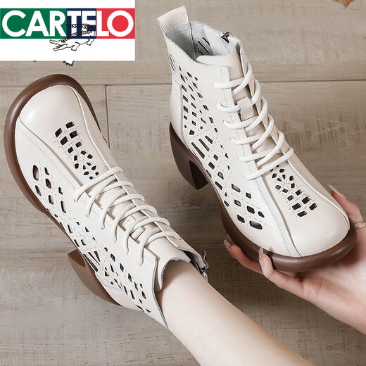 
Katile crocodile head layer cowhide mesh Martin boots summer thin women's short boots spring and autumn single boots thick sole women's shoes genuine leather hollow sandals beige (heel height 5.5 cm) 35