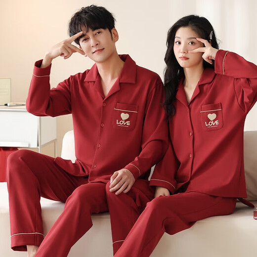 Admiring Autumn and Summer Wedding Couple Pajamas Pure Cotton Long Sleeve Long Style Suit Year of the Snake Red Zodiac Year Men and Women Spring and Autumn Style JS-6098 2 Set Price Female L + Male XXL