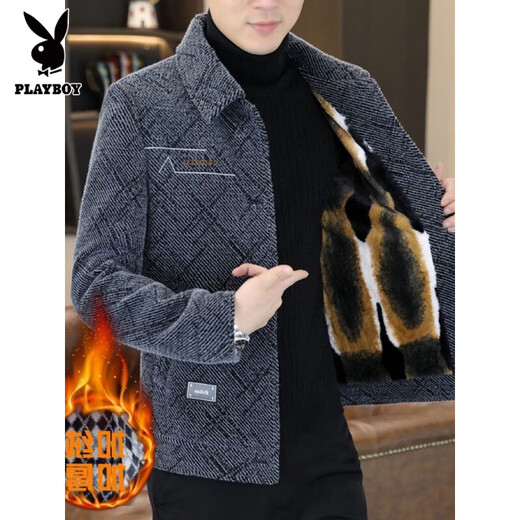 Playboy Winter Warm Plus Velvet Thick Woolen Jacket Men's Slim Casual Lapel Jacket Winter Short Woolen Coat Gray # Velvet L 110-130