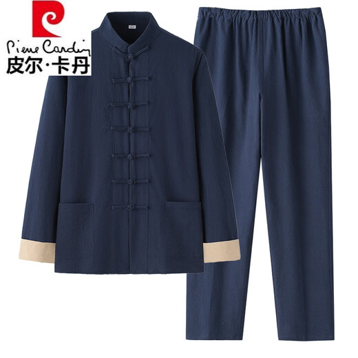 
Pierre cardin Chinese style Tang suit men's suit Chinese retro men's clothing cotton linen long-sleeved Hanfu lay Buddhist meditation suit spring and autumn coat gray green suit 185/3XL