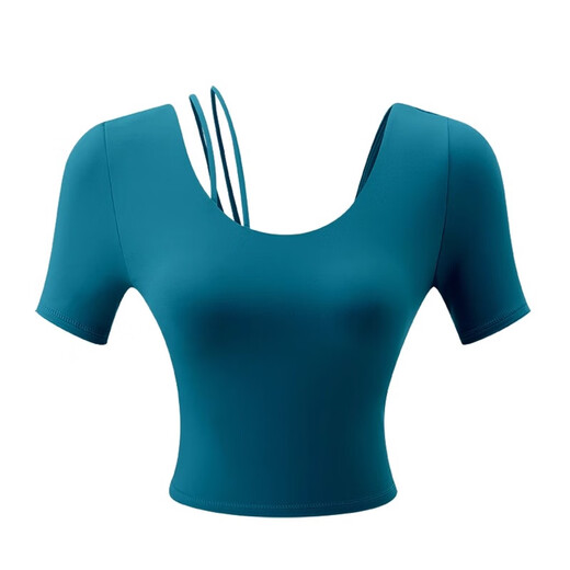 Double beautiful back sports top for women with chest pads, fashionable and sexy short yoga clothes, short-sleeved professional Pilates fitness suit, mint blue + sea moon rock suit M (100-110)
