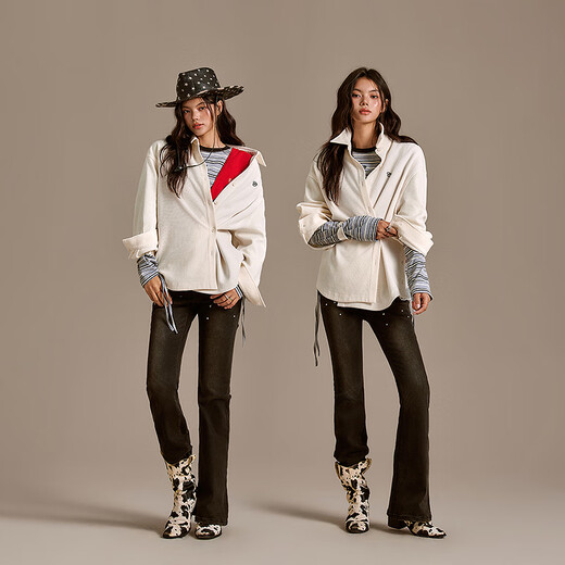 CHUU字母刺绣衬衫女士2025年冬季新品不对称纽扣宽松长袖翻领衬衣 白杏色 均码