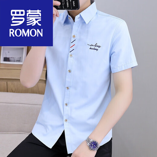 ROMON Summer Men's Short Sleeve Shirt 2025 Youth Men's Clothing Casual Business Work Shirt Versatile Fashion Handsome Shirt 829 Light Blue M 90-105Jin[Jin equals 0.5 kg]