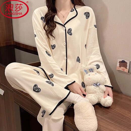 Langsha Sweet Pajamas Women's Cardigan Set Korean Style Long Sleeve Wearable Home Clothes Internet Celebrity Style Loose Women's Home Clothes L