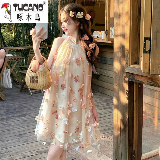 啄木鸟（TUCANO）花朵挂脖连衣裙女气质名媛夏季新款温柔风法式露肩小个子超仙短裙 花朵连衣裙6629 S