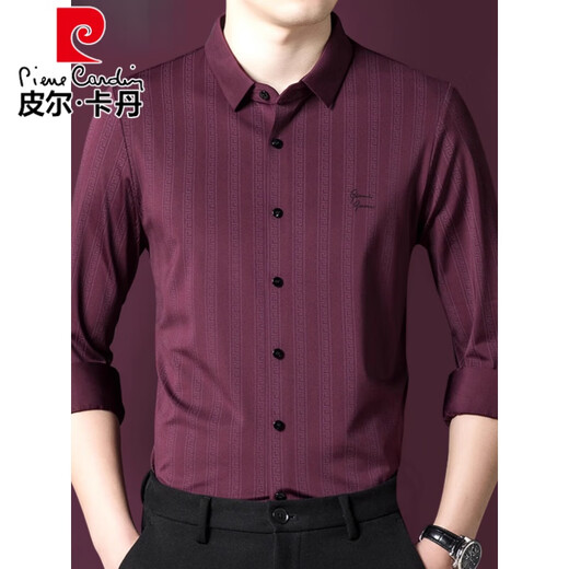 Pierre cardin burgundy shirt men's long-sleeved wedding dress wedding father-in-law wedding dress dad's zodiac year red shirt parents' clothing red plush 6627 165