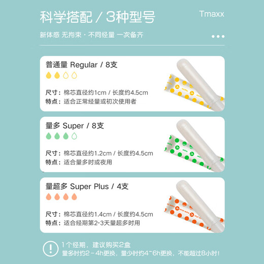 Tmaxx紧凑型短导管式卫生棉条姨妈棉棒月经棉条游泳卫生巾塞入式日夜用 混合装20支*4盒