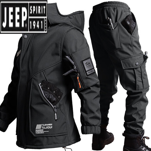 Jeep (JEEP) Outdoor Soft Shell Jacket Suit Men's Velvet Thickened Work Clothes Waterproof Windproof Fishing Cycling Suit Keep Warm in Winter Black XL 175 (135-150Jin Jin equals 0.5kg)