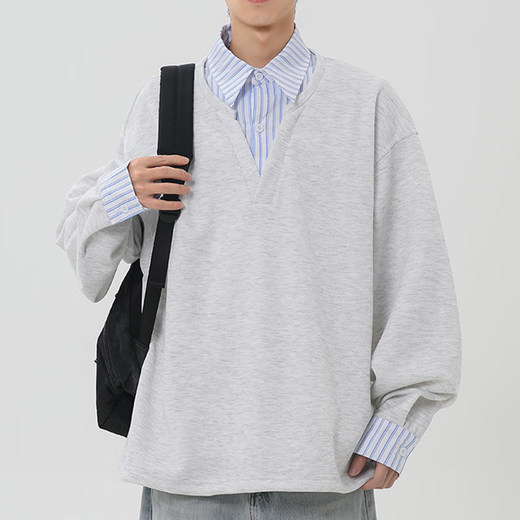 Homlean retro fake two-piece spliced ​​lapel pullover sweatshirt for men spring fashion brand loose casual HX12 gray M