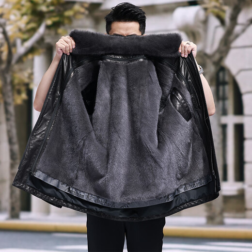 凯撒进口铁灰貂皮毛一体整貂派克服男进口山羊皮真皮皮草貂皮大衣外套 黑色 L