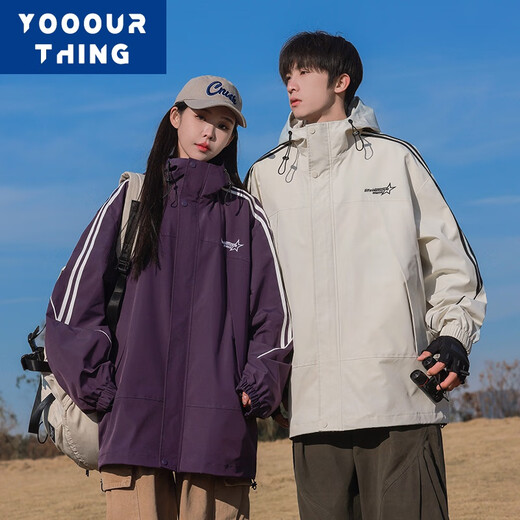 YOOOURTHING山系冲锋工装上衣男女春秋新款城市轻户外夹克男刺绣连帽外套男 CYJK9276-极光紫 XL建议120-145斤