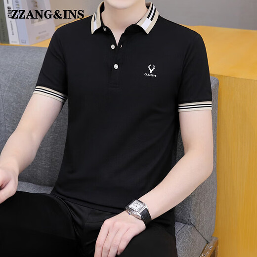zzang&ins轻奢高端品牌短袖POLO衫男士夏季新款翻领休闲商务宽松 t恤衣服潮 681黑色 XL （建议130-140斤）