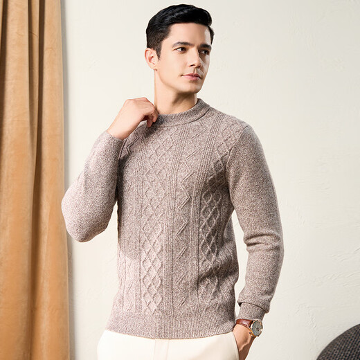 春竹羊毛衫男士圆领春季100%纯羊毛保暖针织毛衣中青年羊毛衫 浅咖啡 L （110CM）