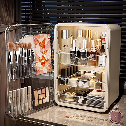 Xingyou cosmetics storage box, high-looking, dust-proof, countertop, skin care product storage cabinet, desktop, large-capacity cosmetic box storage rack, Xingyue model, cream white