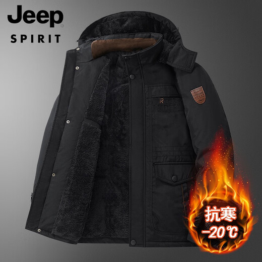 JEEP SPIRIT military coat winter velvet thickening men's mid-length cotton coat large size charge cotton coat Northeast large cotton jacket black #8186x XL =120-135Jin Jin equals 0.5 kg