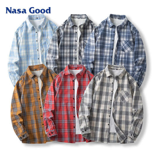 NASA Good Long Sleeve Shirt Herren Frühlings- und Herbst Koreanischer Stil Trendy Plaid Shirt Jugend lässig Lose Jacke Blau XL