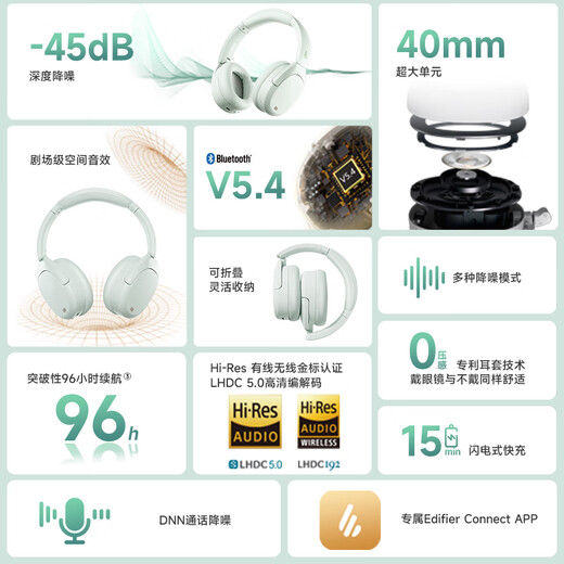 Edifier (EDIFIER) W830NB head-mounted active noise reduction Bluetooth headset, Bluetooth 5.4, 96h long battery life, spatial sound effect, double gold label certification, mint green, New Year gift