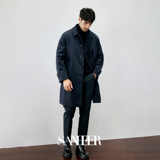 SANHEER Business Gentleman Anti-wrinkle technology memory fabric plaid lining men's mid-length Cadden windbreaker DAF188 dark navy L /50