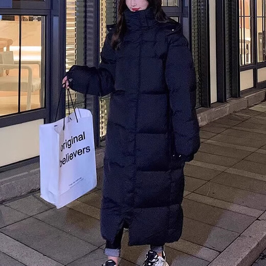 Xier black long down cotton jacket for women winter new style mid-length over-the-knee loose thickened cotton jacket mid-length theater jacket black M 100-120