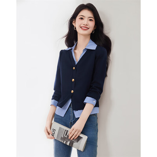 Xinfeiyu fake two-piece spliced shirt for women 2026 spring and autumn new long-sleeved high-end sense of age-reducing petite top
