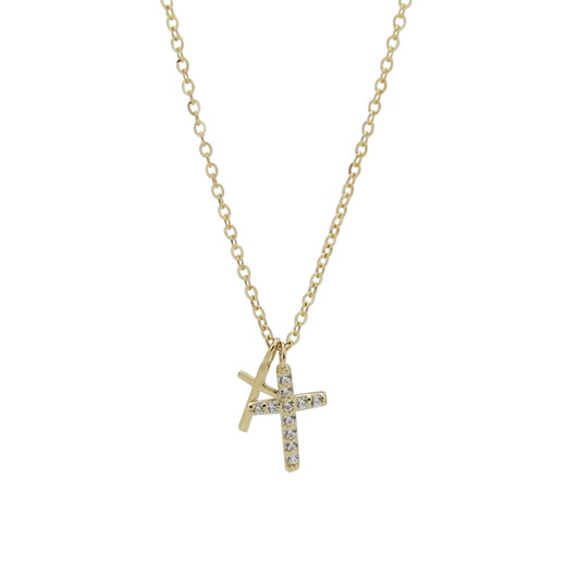 Xuecong Korean pure 14K necklace simple mini inlaid zircon cross pendant slim mini K gold clavicle chain necklace 14K gold