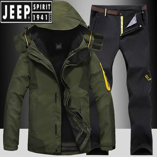 JEEP SPIRIT outdoor winter assault clothing and pants suit for men and women, three-in-one plus velvet and thickened two-piece set, windproof and waterproof fishing and mountaineering suit, 552 men's denim blue + 9986 men's black pants L