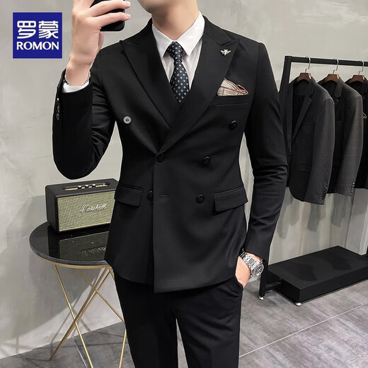 Romon High-High-End Men's Slim Business Business Casual Casual's Doble's Dobress Cloting Groom's Groom's Wedding Vestido de novia gris claro Traje doble de doble pecho + pantalones + Camisa/Bufanda cuadrada S 80-95Jin [Jin equivale a 0.5 kg] Wear Wear