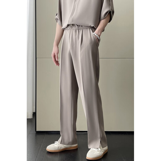 Fearless Forward (GQWWQX) Sommer Ice Seidenanzug Herrenmodische Freizeithemd Straight Hosen Zweiteiler und vielseitiger K683 Black XL