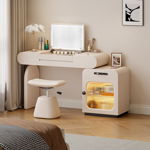 Tinimia dressing table desk two-in-one 2025 new white high-end locker bedroom small apartment bedside table dressing table white丨charging socket-reserved skirting 1.2 meters dressing table + bedside table + lifting stool