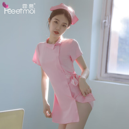 Feimu sexy Krankenschwester Pyjamas großer Dienstmädchen Uniform Verführung Passion Anzug 7027 Pink Schwester Hut + Kleid + T-Pants Durchschnittliche Größe