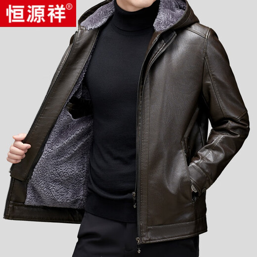 
Hengyuanxiang genuine leather leather jacket for men in winter fur integrated plus velvet thickened sheepskin leather jacket Daddy's large size men's jacket Black XL 180 (120-135Jin [Jin equals 0.5 kg] wear)
