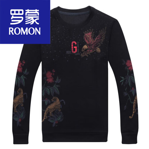罗蒙（ROMON）男装秋冬款棉男士T恤长袖打底polo网球衫宽松加绒加厚t恤男潮流 9918飞鹰G黑色薄 170/L建议115-135斤