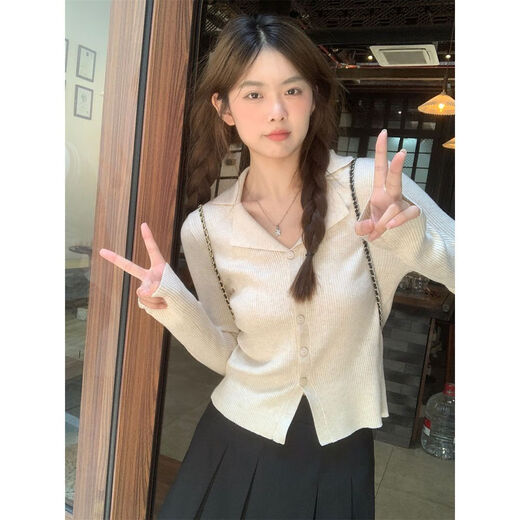 ZHIDOUDOU法式翻领长袖针织开衫女秋冬2025新款小众设计感修身打底短款上衣 9926黑色 5XL s 建议80-95斤穿