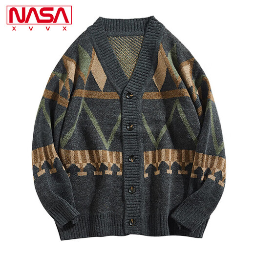 NASA XVVX official co-branded V-neck contrasting color knitted cardigan sweater for boys spring and autumn trendy loose casual straight jeans XH.A150-LK1098-70 black (pants) 2XL